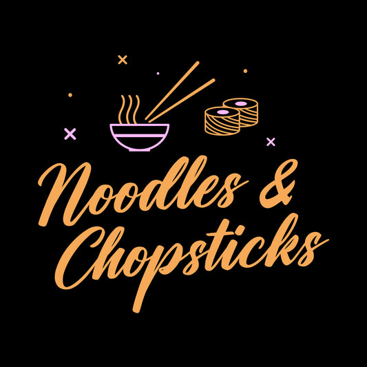 Cloe-up of bright 'Noodles & Chopsticks' illustrated design on black background