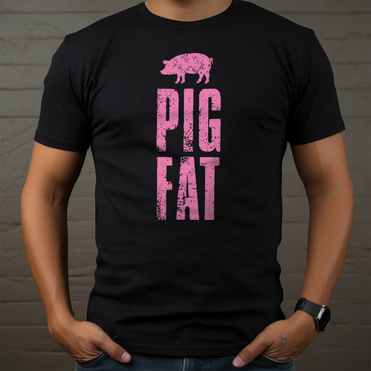 Black t-shirt with pink pig graphic and text on a person against a wooden background