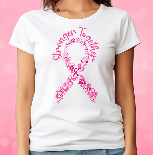 White t-shirt with pink Breast Cancer Awareness ribbon design on a pink background