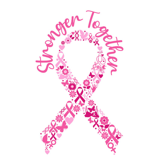 Close-up of pink ribbon design with 'Stronger Together' text on a white background