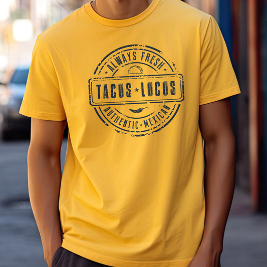 Yellow t-shirt with vintage 'Tacos Locos' text and design